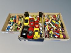 A large quantity of play worn die cast cars including Majorette, Matchbox,