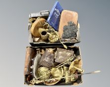 Two boxes of metal wares, fire companion pieces, brass inkwell, lantern,