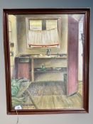 R Henning : A cottage interior, oil on board,