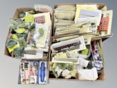 A good collection of model railway building accessories, track, two locomotives, foliage and senary,