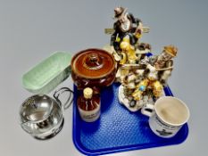 Two Capodimonte bisque figures, stoneware crock pot, cider jar,