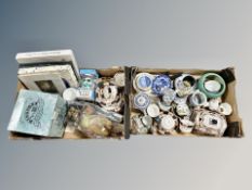 Two boxes of Imari tea china, blue and white ceramics,