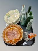 Two Maling lustre dishes, three petrol glass bowls,