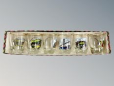 A cases set of six mid century transfer printed glasses