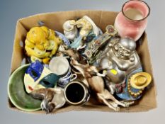 A box of contemporary buddha ornament, horse figures,