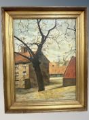 Danish School : Buildings with boat mast beyond, oil on board,