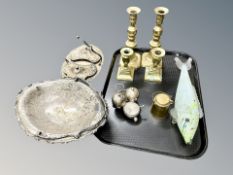 Two pairs of brass candlesticks, Venetian glass fish,