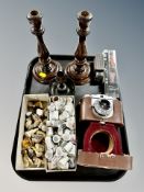 A vintage Goldeck camera together with a pair of turned wooden candlesticks, Wade whimsies,