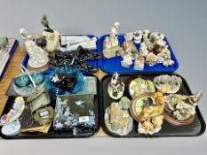 Four trays of collectables, figurines, cottage ornaments, contemporary jewellery box,