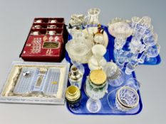 A collection of 20th century glass ware, box set of wine glasses, cocktail shakers,