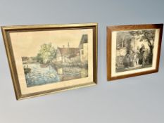 A hand coloured engraving depicting a cottage, 65 cm x 50 cm,