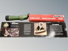 A Titanic modelling kit together with Hama camera tripod and Summit spotting scope