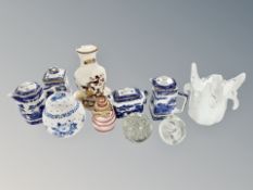 A Masons brown velvet vase and similar stand, four pieces of Ringtons willow pattern china,