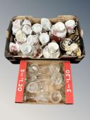 Two boxes of 20th century glass ware, various tea china, Duchess china,