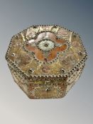 An Islamic hardwood brass and copper mounted octagonal jewellery casket,