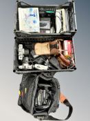 Two crates of vintage and later cameras, Panasonic video camera, portable MP3 player,