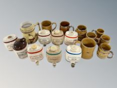 A group of ceramic liqueur barrrels, stoneware bottle bearing Jacob Brown advertising,