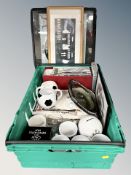 A box of Newcastle United collectables, mugs, money bank,