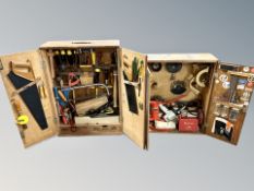Two oak tool cabinets and contents including various hand tools