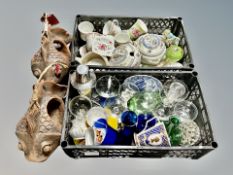 Two crates of 20th century glass and dinner porcelain, cocktail shaker, glass paperweight,