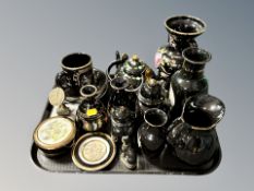 A tray of Chokin pottery, Egyptian metal bust on marble plinth,