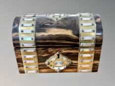 A Victorian coromandel, mother of pearl brass mounted dome topped correspondence box, width 16.