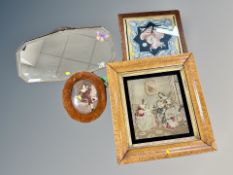 A Victorian tapestry in bird's eye maple frame,