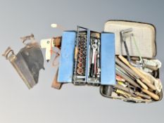 A concertina tool box, suitcase and further box containing mainly hand tools, two saws,
