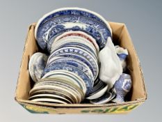 A box of blue and white ceramics, meat plates,