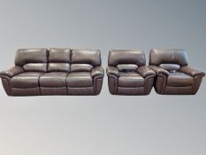 A Lazy-boy three-piece brown stitched leather lounge suite (three seater settee and pair of