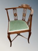 A pair of inlaid corner armchairs CONDITION REPORT: Some woodworm.