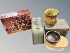 A porcelain ten piece nativity set in box, together with a sewing machine in case, brass coal box,