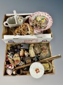 Two boxes of ceramic Cheetah figure, ceramic bead necklace, Victorian desk punch,