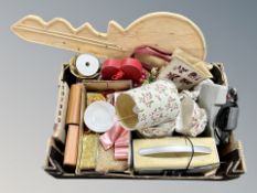 A box of household sundries, tea china, ornaments,