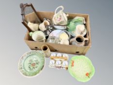 A box of Art Deco green glass ware, antique mirror, set of egg cups on stand, glass ware,