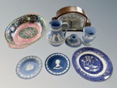 A walnut cased mantel clock together with a Maling lustre bowl,