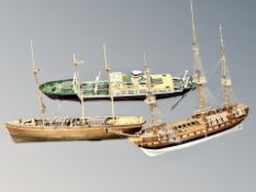 Three scratch built model ships,