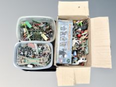 A collection of die cast metal and plastic figures including figures, soldiers,