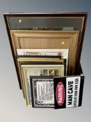 A group of pictures and prints, oil on canvas, Southern Comfort picture mirror,