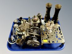 A group of metal wares, Indian enamel brass vases, miniature cannon on carriage,