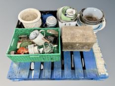 A pallet of enamelled bread bin and other pans, brass coal box, cobbler's last and irons,