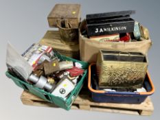 A pallet of tins, deed box, ammunition crate, dumbbells, household sundries, magazine rack,