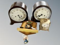 Two Bakelite cased Enfield mantel clocks together with a carriage clock and further wall clock