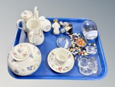 A Spode porcelain bulbous vase, Crown Staffordshire coffee can and saucer, glass paperweights,