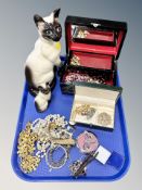Two Beswick Siamese cats, lacquered jewellery box containing costume jewellery, wrist watches,