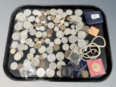 A costume pearl necklace together with pre decimal coins,