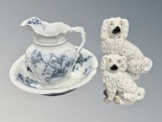 A 19th century Alfred Meakin transfer printed wash jug together with two Staffordshire dogs