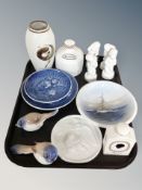 A set of four Bing & Grondhal figures of babies, two further bird ornaments, bowls,