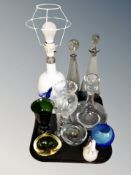 A tray of crystal decanters, vases and bowls,