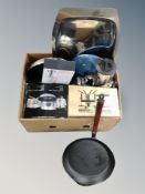 A box of Danish kitchen wares, stainless steel pans,